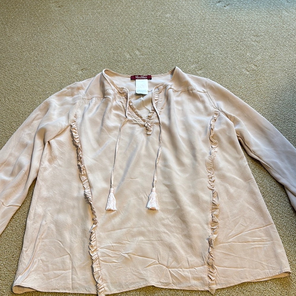 MaxMara Tan Blouse with Mandarin Collar Relaxed Style and Tie Front